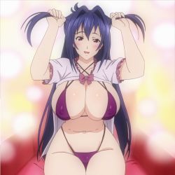 Rule 34 | 1girl, bikini, blue hair, blush, breasts, bunching hair, cleavage, highres, huge breasts, long hair, maken-ki!, mature female, nijou aki, one-piece swimsuit, open mouth, purple eyes, smile, solo, stitched, swimsuit, takami akio, third-party edit, twintails, very long hair
