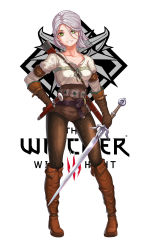 Rule 34 | 01314, 1girl, animification, belt, boots, brown gloves, ciri, collarbone, copyright name, corset, dagger, full body, gloves, green eyes, grin, hair over one eye, hand on own hip, highres, holding, holding sword, holding weapon, knee boots, knife, left-handed, looking at viewer, pants, sheath, shirt, silver hair, smile, solo, sword, the witcher (series), the witcher 3, unsheathed, weapon