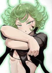 Rule 34 | 1girl, black bra, black dress, blush, bra, breasts, chinese commentary, clothes lift, commentary, crossed arms, curly hair, dress, dress lift, eyelashes, glowing, glowing hair, green eyes, green hair, head tilt, highres, lifted by self, looking at viewer, micro bra, midriff, one-punch man, parted lips, ribs, short eyebrows, short hair, simple background, small breasts, solo, tatsuma30322219, tatsumaki, underwear, undressing, upper body, upturned eyes, v-shaped eyebrows, white background, youyou shu