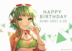 Rule 34 | 2021, :d, aryuma772, bikini, breasts, character name, cleavage, dated, goggles, goggles on head, green bikini, green eyes, green hair, gumi, gumi (v3 megpoid), happy birthday, highres, jacket, looking at viewer, medium breasts, medium hair, open clothes, open jacket, open mouth, orange jacket, smile, swimsuit, twitter username, underboob, upper body, vocaloid, white background