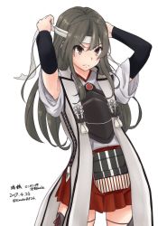 Rule 34 | armor, boots, breastplate, brown eyes, character name, cowboy shot, dated, frown, green hair, hachimaki, hair down, headband, highres, jinbaori, kantai collection, long hair, muneate, official alternate costume, red skirt, simple background, skirt, solo, thigh boots, thighhighs, timato, twitter username, tying headband, v-shaped eyebrows, white background, white headband, zuikaku (kancolle), zuikaku kai ni (kancolle)