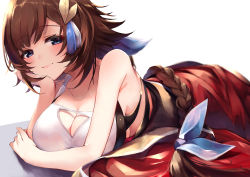 Rule 34 | 1girl, 40 (0f0urw), absurdres, blue eyes, braid, breasts, brown hair, cleavage, granblue fantasy, hair ornament, head rest, highres, large breasts, leona (granblue fantasy), lying, on stomach, smile, solo