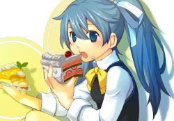 Rule 34 | 1girl, blue hair, cake, eating, food, open mouth, original, pastry, ponytail, solo, vest