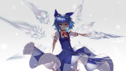 Rule 34 | 1girl, blue eyes, blue hair, bobomaster, bow, cirno, crystal sword, dress, hair bow, hair ornament, ice, ice wings, looking at viewer, matching hair/eyes, outstretched arm, short dress, short hair, short sleeves, smile, solo, sword, touhou, weapon, wings