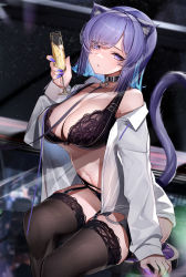 Rule 34 | 1girl, animal ear fluff, animal ears, black bra, black collar, black panties, blue hair, bra, breasts, brown thighhighs, cat ears, cat girl, cat tail, cleavage, collar, colored inner hair, cup, drinking glass, garter belt, highres, holding, holding cup, hololive, large breasts, long sleeves, looking at viewer, lumium, multicolored hair, nail polish, navel, nekomata okayu, nekomata okayu (oversized shirt), off shoulder, panties, parted lips, purple eyes, purple hair, purple nails, shirt, sitting, solo, stomach, tail, tail raised, thighhighs, underwear, virtual youtuber, white shirt