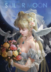 Rule 34 | 1girl, bead bracelet, bead necklace, beads, bird, bishoujo senshi sailor moon, blonde hair, blurry, bouquet, bracelet, breasts, cleavage, depth of field, double bun, dove, dress, earrings, closed eyes, flower, hair flower, hair ornament, jewelry, long hair, moon, necklace, princess serenity, solo, source request, strapless, strapless dress, tsukino usagi, twintails, very long hair, yinse qi ji