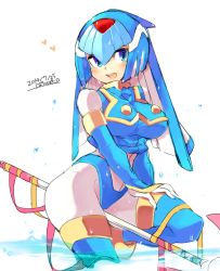 Rule 34 | 1girl, android, blue eyes, blush, breasts, commentary request, dated, hand on own thigh, head tilt, helmet, iroyopon, large breasts, fairy leviathan (mega man), open mouth, riding, mega man (series), mega man zero (series), signature, simple background, smile, solo, staff riding, thighhighs, white background