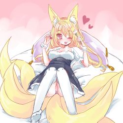 Rule 34 | 1girl, ahoge, animal ears, bed, blonde hair, cherry, creatures (company), food, fork, fruit, game freak, gen 1 pokemon, gradient background, heart, lying, ninetales, nintendo, on back, open mouth, personification, pillow, pokemon, red eyes, solo, tail, taimu, thighhighs, time an, white thighhighs
