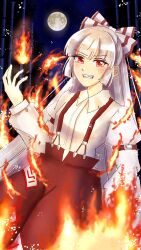 Rule 34 | 1girl, absurdres, baggy pants, bamboo, bamboo forest, bow, clenched teeth, collared shirt, fire, forest, fujiwara no mokou, full moon, hair bow, highres, hime cut, long hair, long sleeves, moon, nature, night, night sky, ofuda, ofuda on clothes, pants, red eyes, red pants, shirt, sky, solo, suspenders, teeth, touhou, tuzura cosplay, white bow, white hair, white shirt