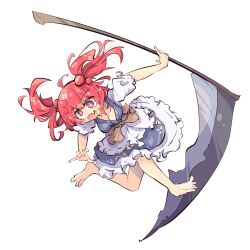 Rule 34 | 1girl, ahoge, blue dress, blush, breasts, cleavage, dress, fang, frilled dress, frills, full body, hair bobbles, hair ornament, highres, holding, holding scythe, layered dress, looking at viewer, medium breasts, onozuka komachi, open mouth, primsla, puffy short sleeves, puffy sleeves, red eyes, red hair, scythe, short hair, short sleeves, sidelocks, simple background, skin fang, slipping, solo, sweat, touhou, two side up, white background, white dress