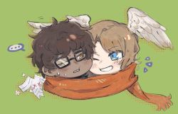 Rule 34 | ..., 1boy, 1girl, blue eyes, blush, brown eyes, brown hair, cheek-to-cheek, eunie (xenoblade), glasses, head only, head wings, heads together, highres, mondo (xenoblade 3), looking at another, orange scarf, scarf, shared clothes, shared scarf, smile, spoken ellipsis, sweatdrop, taion (xenoblade), tutaiiiiii, wings, xenoblade chronicles (series), xenoblade chronicles 3