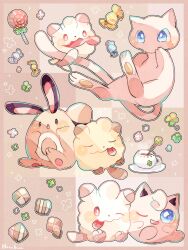 Rule 34 | :o, animal focus, artist name, blue eyes, candy, clover, colored skin, creatures (company), cup, fang, food, four-leaf clover, game freak, gen 1 pokemon, gen 2 pokemon, gen 6 pokemon, hanabusaoekaki, highres, jigglypuff, legendary pokemon, lollipop, mew (pokemon), mythical pokemon, nintendo, no humans, one eye closed, pawpads, pink background, pink skin, pokemon, pokemon (creature), sentret, sparkle, sugar cube, swirlix, tea, teacup, tongue, tongue out