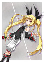 Rule 34 | 1girl, arc system works, bare shoulders, blazblue, blonde hair, bloomers, boots, detached sleeves, dutch angle, flat chest, flower, frills, hair ribbon, half-closed eyes, highres, knee boots, lolita fashion, long hair, rachel alucard, red eyes, ribbon, rose, roura, small breasts, solo, twintails, underwear