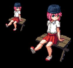 Rule 34 | 1girl, bench, elfen lied, hat, horns, lowres, lucy (elfen lied), mick (829821), monster girl, pink hair, pixel art, ribbon, simple background, sitting
