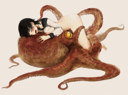 Rule 34 | 1girl, animal, ass, bad id, bad pixiv id, barefoot, bestiality, black hair, blush, bottomless, breasts, breasts out, closed eyes, drooling, girl on top, grey background, leg grab, leg hold, lying, nabenko, nipples, octopus, on stomach, open mouth, original, oversized animal, saliva, school uniform, serafuku, short hair, simple background, spread legs, sweat, tears, tentacles, torn clothes