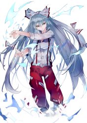 Rule 34 | 1girl, closed mouth, commentary request, fingernails, floating hair, fujiwara no mokou, hair between eyes, hair ribbon, highres, ikurauni, long hair, pants, popped collar, red eyes, red pants, ribbon, shirt, silver hair, sleeves rolled up, solo, suspenders, touhou, very long hair, white shirt