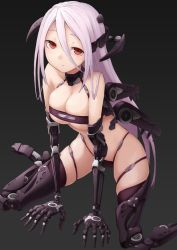 Rule 34 | 1girl, black background, breasts, cleavage, collar, headset, highres, horns, kurione (zassou), large breasts, long hair, looking at viewer, mechanical arms, mechanical legs, red eyes, silver hair, single mechanical arm, sitting, solo, wariza