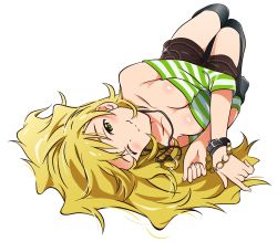 Rule 34 | 1girl, absurdres, akizuki ritchan, blonde hair, breasts, cleavage, full body, green eyes, highres, hoshii miki, idolmaster, idolmaster (classic), jewelry, long hair, lying, medium breasts, on back, one eye closed, pendant, smile, solo, striped, transparent background, wavy mouth, white background