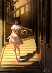 Rule 34 | 1girl, :d, animal ear fluff, animal ears, bag, black hair, brick wall, building, cat ears, cat girl, cat tail, clothing cutout, collared dress, commentary request, dress, fang, heart, heart tail, highres, looking at viewer, open mouth, original, outdoors, outstretched arm, puffy short sleeves, puffy sleeves, red eyes, saraki, short hair, short sleeves, shoulder bag, shoulder cutout, signature, smile, solo, stairs, standing, sunset, tail, walking, white dress, window