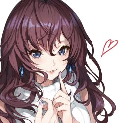 Rule 34 | 10s, 1girl, :3, bad id, bad twitter id, bare shoulders, blue eyes, brown hair, earrings, finger to cheek, heart, ichinose shiki, idolmaster, idolmaster cinderella girls, jewelry, long hair, looking at viewer, nail polish, parted lips, profile, simple background, sleeveless, smile, solo, sweater, sweater vest, wavy hair, white background, white sweater, yuu (higashi no penguin)
