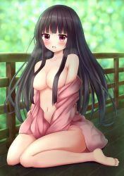 Rule 34 | 1girl, absurdres, bare shoulders, barefoot, black hair, blunt bangs, blush, breasts, commentary request, embarrassed, full body, hair censor, highres, houraisan kaguya, large breasts, long hair, long sleeves, looking at viewer, naked shirt, navel, no panties, open mouth, pink shirt, railing, red eyes, shirt, sidelocks, sitting, solo, stomach, suigetsu (watermoon-910), sweat, thighs, touhou, very long hair, wariza, wide sleeves, wooden floor