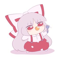Rule 34 | 1girl, arm up, blush, bow, collar, fork, fujiwara no mokou, guuchama, hand up, long hair, long sleeves, multicolored bow, pants, red bow, red eyes, red pants, shadow, shirt, shoes, silver hair, simple background, solo, standing, touhou, white background, white bow, white collar, white footwear, white shirt, white sleeves