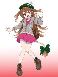 Rule 34 | ahoge, boots, bow, brown footwear, brown hair, commentary request, cosplay, creatures (company), dress, fang, full body, game freak, gloria (pokemon), gloria (pokemon) (cosplay), gradient background, green hat, green socks, grey jacket, hand up, hat, holding, holding poke ball, hood, hooded jacket, jacket, kome (okomesankun), lion tail, long hair, long sleeves, nintendo, open mouth, orange eyes, pink dress, poke ball, pokemon, pokemon swsh, re:act, shishigami leona, smile, socks, tail, tail bow, tail ornament, two side up, virtual youtuber