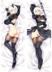 Rule 34 | 1girl, ass, back cutout, bed sheet, blue eyes, boots, breasts, cameltoe, cleavage cutout, clothing cutout, commentary request, dakimakura (medium), dress, feather trim, full body, gloves, hair ornament, hairband, high heels, highleg, highleg leotard, holding, holding weapon, katana, leotard, leotard under clothes, lips, long sleeves, looking at viewer, lying, medium breasts, moeanime, mole, mole under mouth, nier:automata, nier (series), on back, on side, parted lips, puffy sleeves, shiny clothes, shiny skin, short dress, short hair, simple background, smile, sword, thigh boots, thighhighs, thighs, turtleneck, weapon, white hair, 2b (nier:automata)