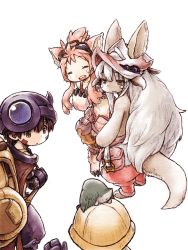 Rule 34 | :3, agakunoda, animal, animal ears, blush stickers, brown eyes, brown hair, character request, claws, closed eyes, facial mark, furry, goggles, goggles on head, hat, helmet, highres, looking at another, made in abyss, meinya (made in abyss), mitty (made in abyss), mitty (made in abyss) (furry), nanachi (made in abyss), on head, regu (made in abyss), riko (made in abyss), simple background, tail, whiskers, white background, yellow eyes