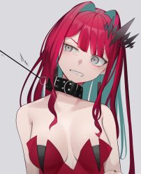 Rule 34 | 1girl, absurdres, bdsm, black nails, breasts, breasts apart, clenched teeth, collar, collarbone, colored inner hair, dress, earrings, eyebrows hidden by hair, baobhan sith (fate), fate/grand order, fate (series), green hair, grey background, grey eyes, grimace, hair intakes, highres, jewelry, leash, leash pull, long hair, looking to the side, medium breasts, multicolored hair, nail polish, pulling, red dress, red hair, san (harutuki 3), simple background, slave, solo, strapless, strapless dress, teeth, upper body