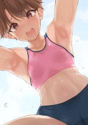Rule 34 | 1girl, absurdres, all fours, armpits, blush, breasts, brown eyes, brown hair, buruma, dripping, from below, highres, looking at viewer, looking down, navel, open mouth, original, outstretched arms, sak1023, school uniform, short hair, sky, small breasts, sports bikini, spread arms, stomach, sweat, sweaty clothes, track and field