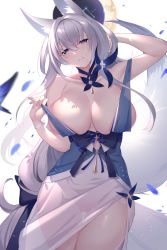 Rule 34 | 1girl, animal ears, arm behind head, azur lane, bare shoulders, blue choker, blue eyes, breasts, choker, collarbone, commentary request, fox ears, fox girl, fox tail, gluteal fold, highres, kaneko (bblogtinhan), large breasts, looking at viewer, multiple tails, no bra, no panties, see-through, shinano (azur lane), shinano (dreams of the hazy moon) (azur lane), solo, tail, thighs, white hair