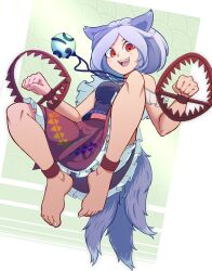 Rule 34 | 1girl, absurdres, animal ears, ankle cuffs, barefoot, bear trap, bloomers, breasts, clenched hands, cuffs, dog ears, dog girl, dog tail, frilled shirt, frilled skirt, frills, full body, green background, grey hair, grey tail, highres, jewelry, medium breasts, medium hair, midriff peek, mitsugashira enoko, multicolored hair, multiple tails, navel, necklace, patterned clothing, purple hair, purple shirt, purple skirt, red eyes, revenge (vengerezn), shackles, shirt, simple background, skirt, tail, teeth, toenails, toes, touhou, two-tone hair, underwear, upper teeth only, white background, white bloomers