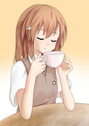Rule 34 | 1girl, bad id, bad pixiv id, cup, closed eyes, hair ornament, hairpin, highres, hisae (hisae collect), misaka mikoto, pov across table, school uniform, smile, solo, sweater vest, table, teacup, toaru majutsu no index, uniform