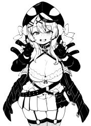 Rule 34 | 1girl, absurdres, animal hood, belt, bow, breasts, cleavage, commentary request, cowboy shot, dress, fingerless gloves, garter straps, gloves, hair ornament, heart collar, highres, himajin noizu, hololive, holox, hood, large breasts, looking at viewer, medium hair, monochrome, multicolored hair, mystical high collar, open mouth, orca hood, sakamata chloe, sidelocks, solo, standing, streaked hair, thighhighs, virtual youtuber, x hair ornament