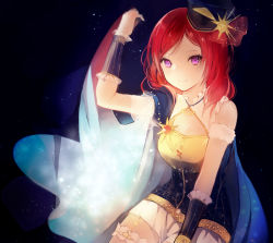 Rule 34 | 10s, 1girl, arm warmers, armband, cape, cleavage cutout, clothing cutout, hat, holding, holding cape, holding clothes, looking at viewer, love live!, love live! school idol festival, love live! school idol project, lpip, nishikino maki, purple eyes, red hair, solo, starry sky print