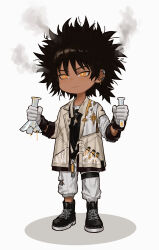 Rule 34 | 1boy, afro, arknights, black footwear, black hair, boots, chibi, closed mouth, dark-skinned male, dark skin, ear piercing, earclip, full body, geebee 79, gloves, grey background, highres, holding, jacket, jewelry, male focus, messy hair, necklace, open clothes, open jacket, orange eyes, pants, piercing, shirt, simple background, smoke, solo, standing, test tube, thorns (arknights), torn clothes, white gloves