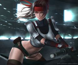Rule 34 | 1girl, armor, belt, belt pouch, black shorts, boobplate, breastplate, breasts, brown thighhighs, crop top, cutoffs, final fantasy, final fantasy vii, final fantasy vii remake, gloves, headband, highres, impossible armor, jessie rasberry, loose belt, medium breasts, motor vehicle, motorcycle, nose, open fly, pink lips, ponytail, pouch, red gloves, red headband, short shorts, shorts, shoulder armor, solo, straddling, thighhighs, thighs, toned, uruka 18
