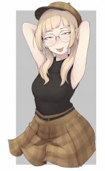 Rule 34 | 1girl, act-age, arms up, belt, black belt, blonde hair, breasts, brown hat, closed mouth, eyebrows, freckles, glasses, grey eyes, hat, highres, ina (gokihoihoi), long hair, looking at viewer, medium breasts, piercing, plaid, plaid headwear, plaid skirt, round eyewear, sanzaka nanao, skirt, sleeveless, smile, solo, tongue, tongue out, tongue piercing, twintails, upper body