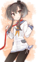 10s 1girl black_eyes black_hair gradient_hair hairband heart heart-shaped_pupils highres kantai_collection leash mikoto_kei multicolored_hair pantyhose short_hair smile symbol-shaped_pupils tokitsukaze_(kancolle) uniform