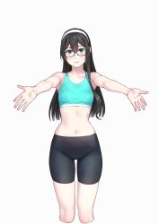 Rule 34 | 1girl, alternate costume, aqua eyes, armpits, bare arms, bare shoulders, bike shorts, black-framed eyewear, black hair, black shorts, blush, breasts, closed mouth, collarbone, commentary request, cowboy shot, cropped legs, glasses, green eyes, grey background, groin, hair between eyes, hairband, highres, kantai collection, long hair, looking at viewer, medium breasts, ooyodo (kancolle), shorts, simple background, smile, solo, sports bra, standing, stomach, white background, white hairband, yuuji (and)