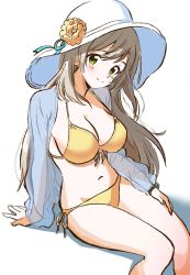 Rule 34 | 1girl, bazz000033, bikini, blue archive, blue ribbon, breasts, flower, green eyes, halterneck, hat, hat flower, hat ribbon, highres, jacket, large breasts, light brown hair, long hair, looking at viewer, navel, nonomi (blue archive), nonomi (swimsuit) (blue archive), ribbon, see-through, see-through jacket, side-tie bikini bottom, sitting, smile, solo, sun hat, swimsuit, white hat, yellow bikini