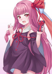 Rule 34 | 1girl, bare shoulders, blunt bangs, blush, collared dress, commentary, cowboy shot, detached sleeves, dress, gift, hair ribbon, twirling hair, hands up, highres, holding, holding gift, kotonoha akane, long hair, open mouth, pink background, pink eyes, pink hair, purple dress, purple sleeves, raised eyebrow, red ribbon, ribbon, solo, standing, tenneko yuuri, valentine, very long hair, voiceroid, wide sleeves
