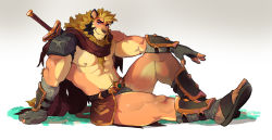 Rule 34 | abs, bandages, bara, belt, biceps, cape, facial hair, furry, furry female, gauntlets, gloves, highres, lion boy, looking at viewer, male underwear, muscular, muscular male, nipples, original, red eyes, saltypoundcake, sandals, shoulder pads, sitting, skirt, smile, sword, thick arms, thick thighs, thighs, tusks, underwear, warrior, weapon