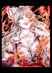 Rule 34 | 1girl, broken, buckle, burnt clothes, crazy, crazy eyes, crazy smile, fingernails, fire, framed, fujiwara no mokou, grin, guro, hasebe (model21), highres, hime cut, lips, long hair, pale skin, smoking pipe, red eyes, red lips, ribs, scroll, smile, suspenders, teeth, touhou, translation request, white hair