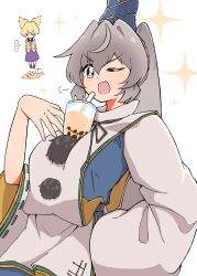 Rule 34 | &lt;o&gt; &lt;o&gt;, ..., 2girls, :d, absurdres, belt, black belt, blonde hair, blue dress, blush, breasts, bubble tea, bubble tea challenge, commentary request, cowboy shot, dress, failure, flat chest, full body, grey eyes, grey hair, gurajio, hat, highres, japanese clothes, kariginu, large breasts, long hair, long sleeves, looking at viewer, medium bangs, mononobe no futo, multiple girls, one eye closed, open mouth, pointy hair, pom pom (clothes), ponytail, purple skirt, ribbon-trimmed sleeves, ribbon trim, shirt, skirt, sleeveless, sleeveless shirt, smile, sparkle, spoken ellipsis, tate eboshi, touhou, toyosatomimi no miko, v-shaped eyebrows, white background, wide sleeves