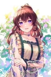 1girl blush brown_hair bshi_edayo collarbone commentary_request dress floral_print flower gem highres long_hair looking_at_viewer nail_polish open_mouth original pink_nails ponytail purple_eyes purple_gemstone revision see-through_clothes see-through_sleeves smile solo upper_body