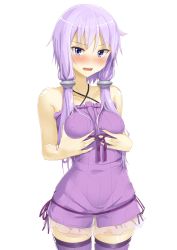 Rule 34 | 1girl, abmayo, absurdres, blush, breast lift, breasts, highres, purple eyes, purple hair, purple thighhighs, sidelocks, simple background, skindentation, small breasts, solo, tearing up, teeth, thighhighs, thighs, vocaloid, voiceroid, white background, yuzuki yukari