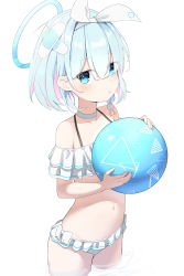 Rule 34 | 1girl, :t, absurdres, arona (blue archive), ball, bandaid, bandaid hair ornament, bare shoulders, bikini, blue archive, blue hair, bow hairband, colored inner hair, cowboy shot, frilled bikini, frills, hair ornament, hairband, halo, highres, holding, holding ball, looking at viewer, multicolored hair, navel, off-shoulder bikini, off shoulder, pink hair, pout, short hair, simple background, solo, stomach, streaked hair, swimsuit, three twosix, wading, white background, white bikini, white hairband