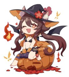 Rule 34 | 1girl, ;d, animal ears, barefoot, bat wings, bikini, bikini top only, black bikini, black skirt, breasts, brown hair, cat ears, cat tail, chibi, cleavage, coat, feet, fire, genshin impact, gloves, halloween, halloween costume, hat, heart, honlo, hu tao (genshin impact), one eye closed, open clothes, open coat, open mouth, pumpkin, red eyes, simple background, sitting, skirt, small breasts, smile, star-shaped pupils, star (symbol), swimsuit, symbol-shaped pupils, tail, toes, twintails, white background, wings, witch hat